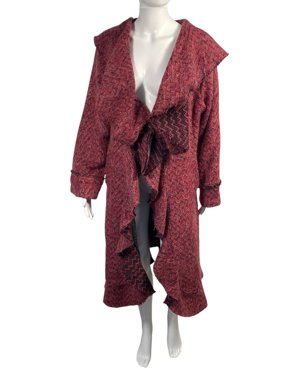 Ian Mosh Pink Cotton Faux Mohair Ruffle Bohemian Festival Long Sweater Coat M